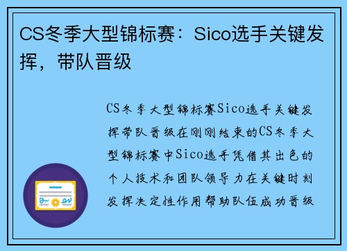 CS冬季大型锦标赛：Sico选手关键发挥，带队晋级