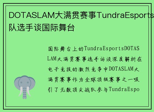 DOTASLAM大满贯赛事TundraEsports战队选手谈国际舞台