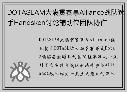 DOTASLAM大满贯赛事Alliance战队选手Handsken讨论辅助位团队协作